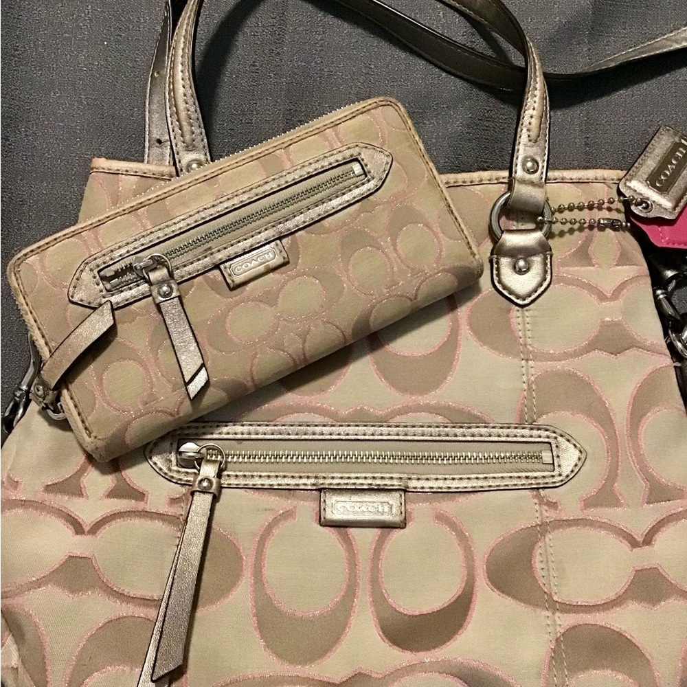 Coach Tan and Pink Signature Tote Bag and Wallet Set